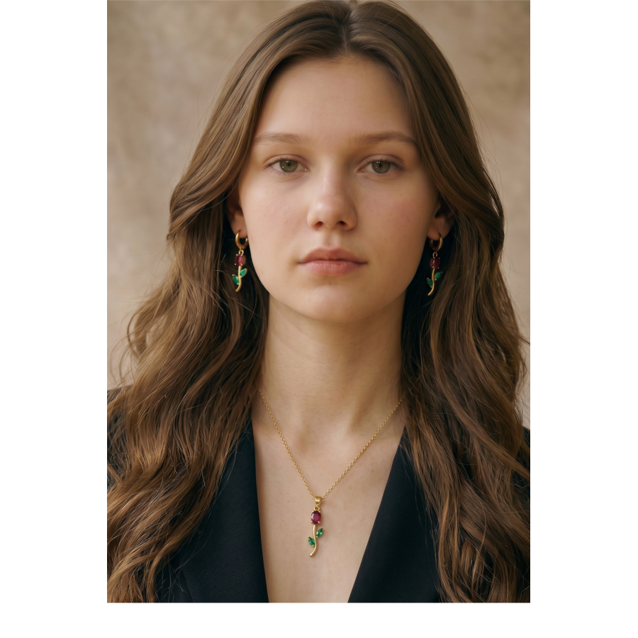 Ruby Flower Earring and Necklace Jewelry Set