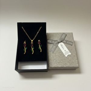 Ruby Flower Earring and Necklace Jewelry Set